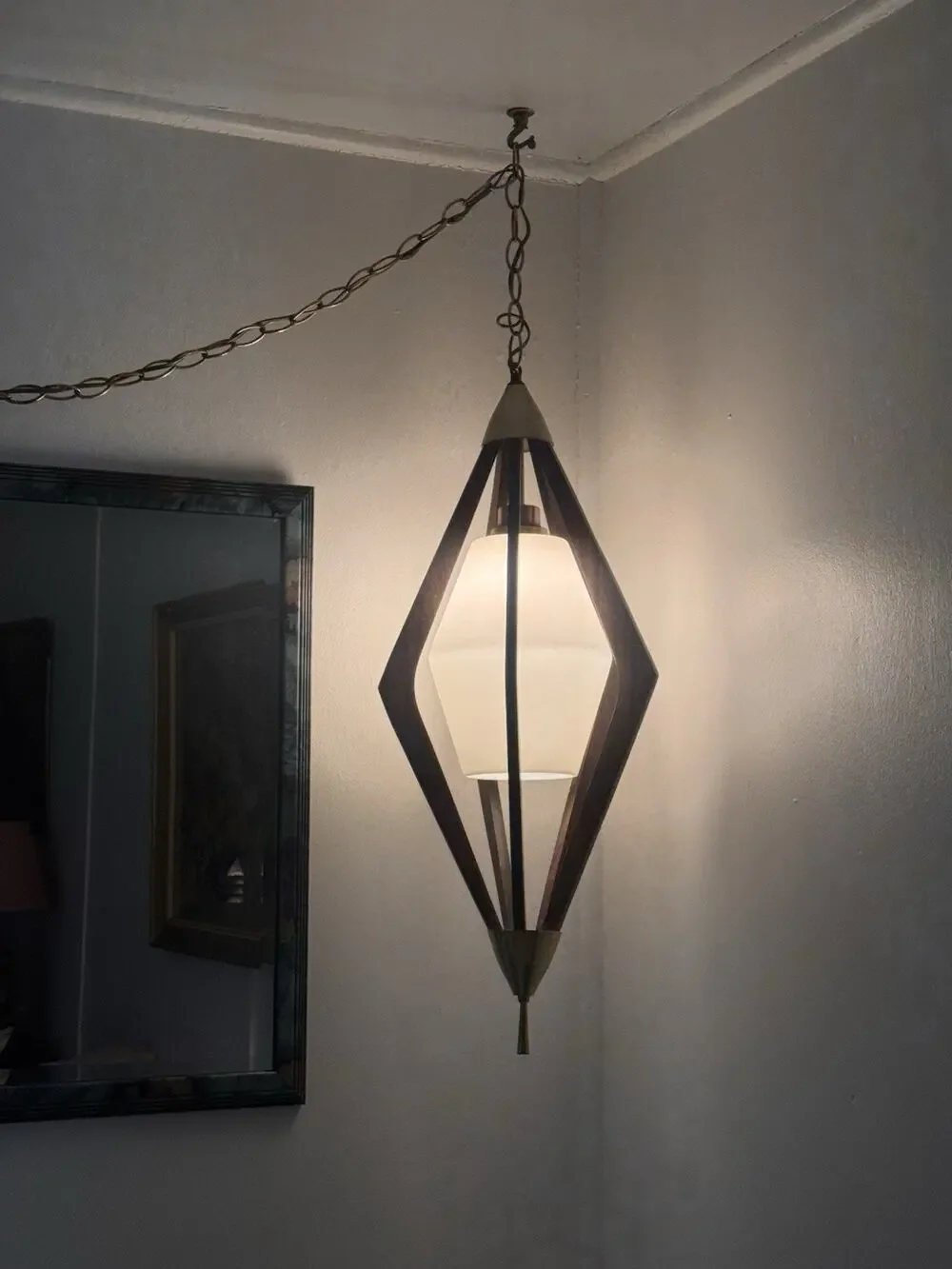 Vintage Mid Century Modern Walnut & Frosted Glass Pendant Lamp, 1960s pos Virden